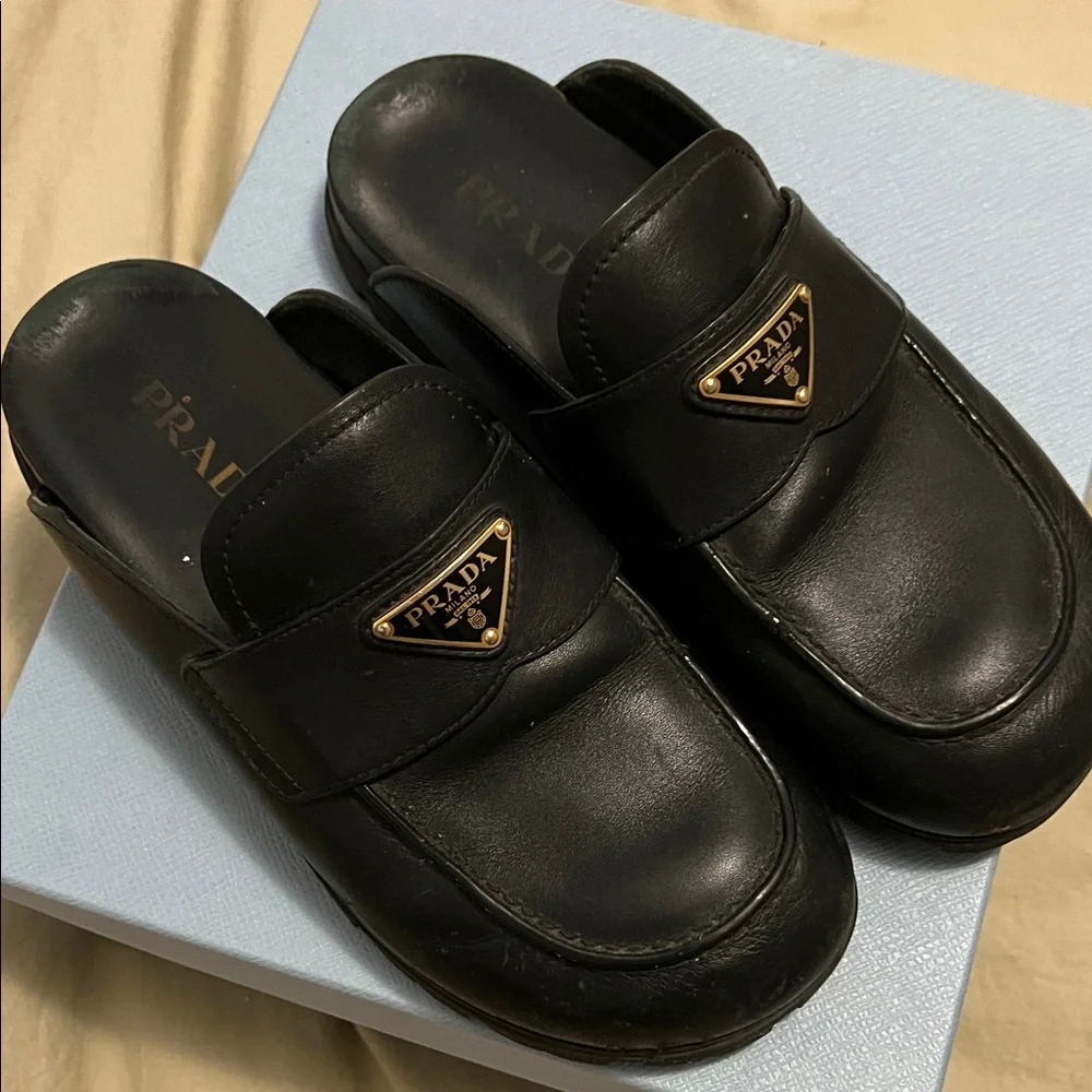 Prada Black Leather calzature donna vit sport Mules loafers 38.5 - Picture 2 of 9